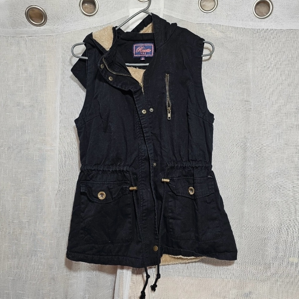 Black Women's Hooded Faux Fur Lined  Vest